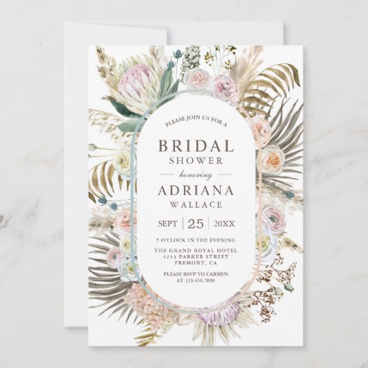 Rustikales Boho getrocknetes Palm Pampas Brautpart Einladung (Vorderseite)