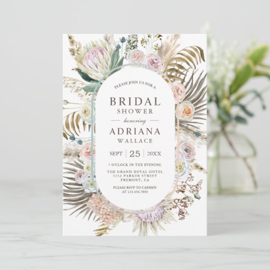 Rustikales Boho getrocknetes Palm Pampas Brautpart Einladung (Stehend Vorderseite)