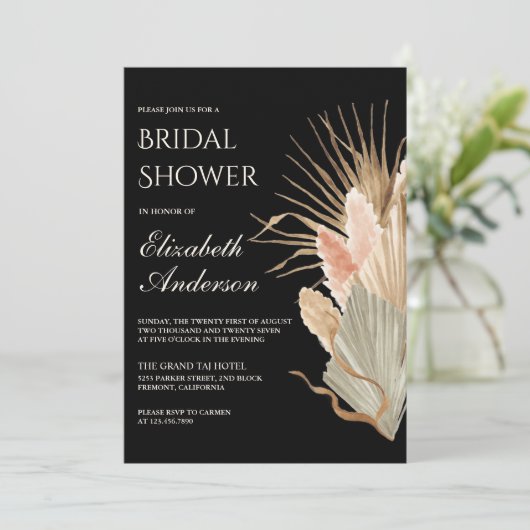 Rustikales Boho getrocknetes Palm Pampas Schwarzes Einladung (Stehend Vorderseite)