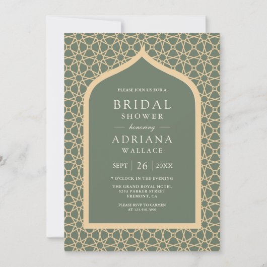 Rustikales Boho Gitterarrenalterchen Grünes Brautp Einladung (Vorderseite)