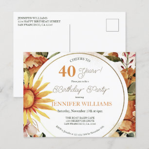 Rustikales Boho Herbst Sonnenblume 40. Geburtstag  Einladungspostkarte