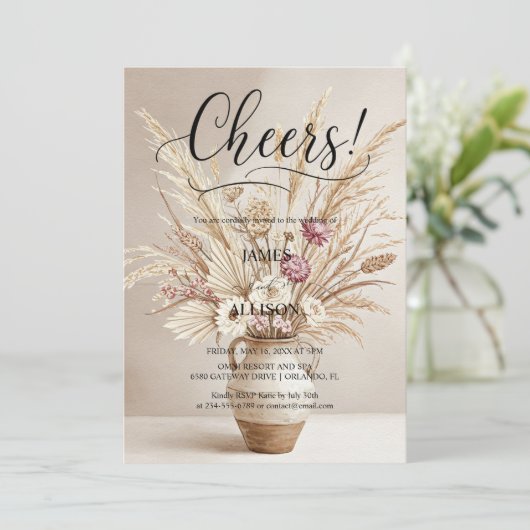 Rustikales Boho jubelt neutrale Blumeneinladung Einladung (Stehend Vorderseite)