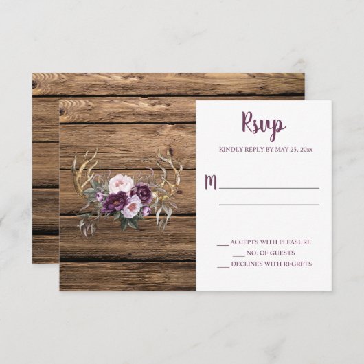 Rustikales Boho Lila Plum Peonies Antlers RSVP Karte (Vorne/Hinten)