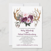 Rustikales Boho Lila Plum Peonies Antlers Wedding Einladung (Vorderseite)