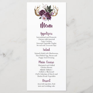 Rustikales Boho Lila Plum Peonies Antlers Wedding Menükarte