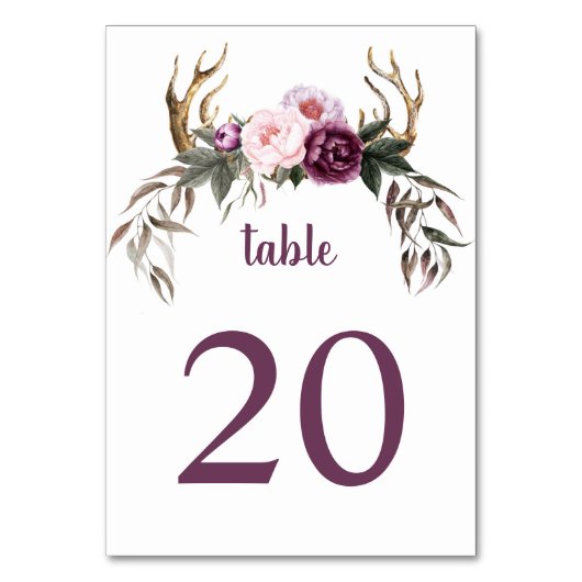 Rustikales Boho Lila Plum Peonies Antlers Wedding Tischnummer (Vorderseite)