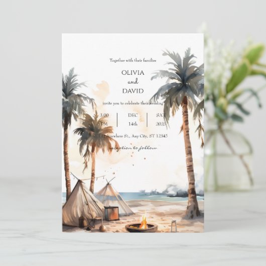 Rustikales Boho Palm Coastal Landschaftsstrand Hoc Einladung (Stehend Vorderseite)