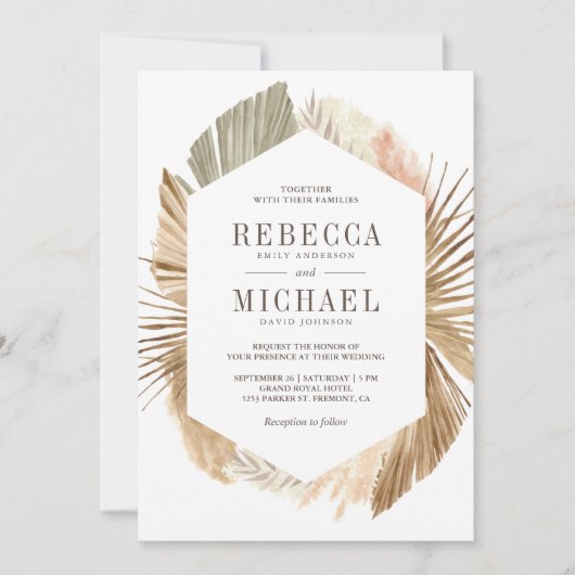 Rustikales Boho Pampas Grass Dried Palm Blätter Ho Einladung (Vorderseite)