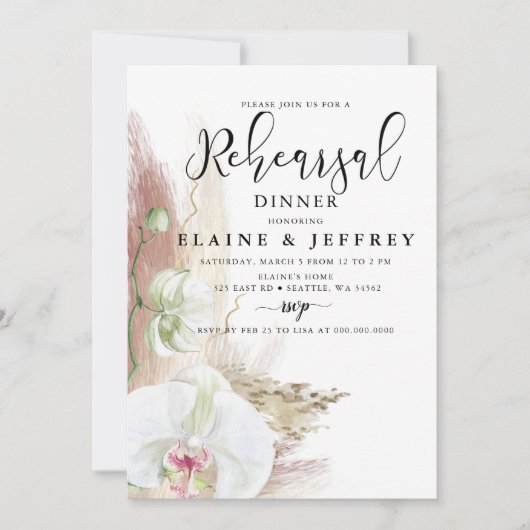 Rustikales Boho Pampas Grass Orchid Probe Dinner Einladung (Vorderseite)