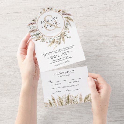 Rustikales Boho Pampas Grass Wreath Ampersand Hoch All In One Einladung (Abreißen)