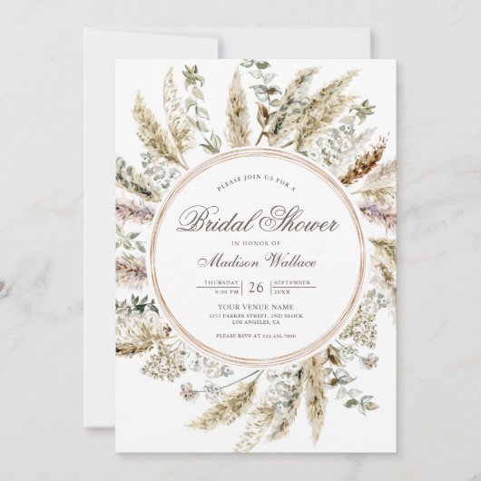 Rustikales Boho Pampas Grass Wreath Brautparty Einladung (Vorderseite)