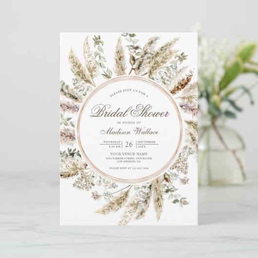 Rustikales Boho Pampas Grass Wreath Brautparty Einladung (Stehend Vorderseite)