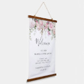 Rustikales Boho Pink White Floral Wedding Begrüßun Wandteppich Mit Holzrahmen (Gewinkelt)
