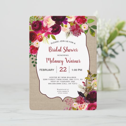 Rustikales Boho Red Floral Brautparty lädt ein Einladung (Stehend Vorderseite)