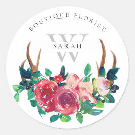 Rustikales Boho Red Floral Stag Antler Monogramm Runder Aufkleber