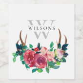 Rustikales Boho Red Floral Stag Antler Monogramm Weinetikett (Einzelnes Label)