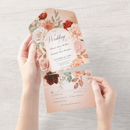 Rustikales Boho Rost & Peach Blumenstrauß Abendess All In One Einladung (Abreißen)