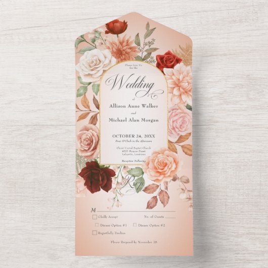 Rustikales Boho Rost & Peach Blumenstrauß Abendess All In One Einladung (Innen Boden)