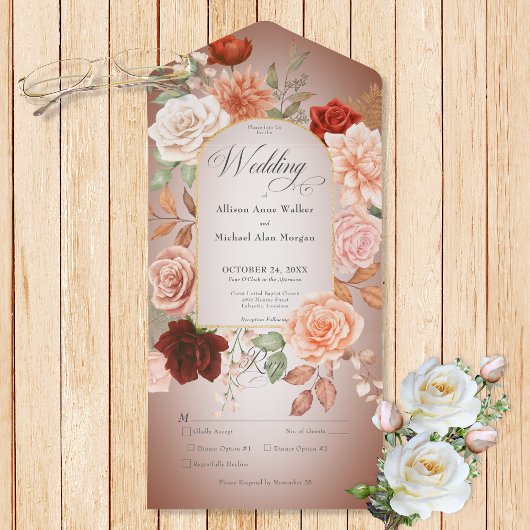 Rustikales Boho Rust & Peach Floral Arch Rostdüste All In One Einladung