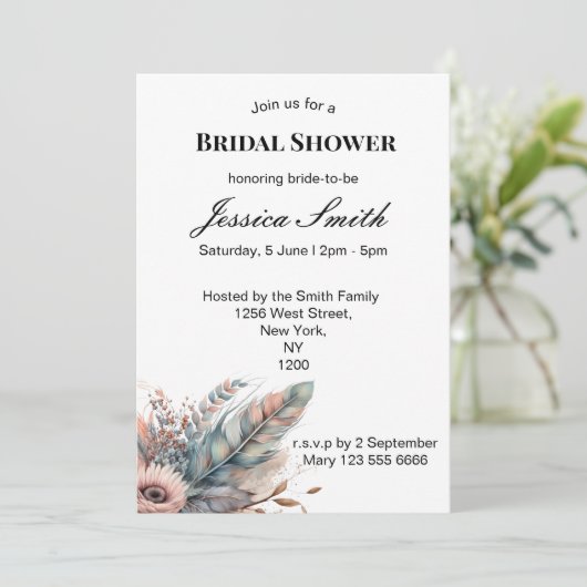 Rustikales Boho Silver & Pink Brautparty Einladung (Stehend Vorderseite)