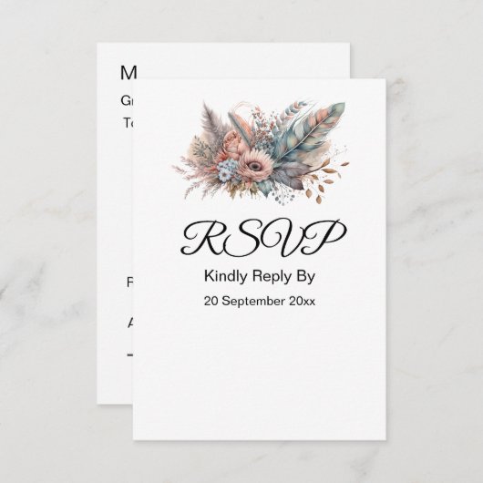 Rustikales Boho Silver & Pink Floral RSVP Karte (Vorne/Hinten)