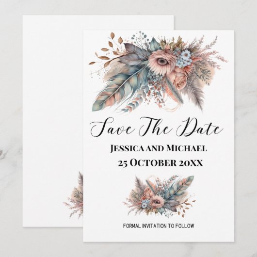 Rustikales Boho Silver & Pink Floral Save The Date (Vorne/Hinten)