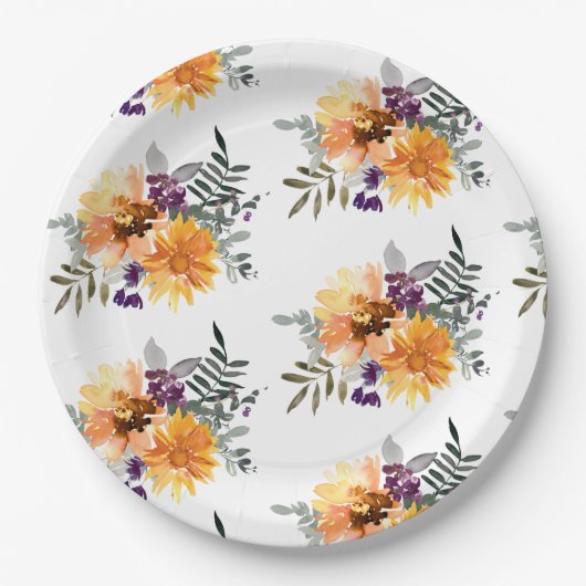 Rustikales Boho Sonnenblumen und Wildblume Aquarel Pappteller (Vorderseite)