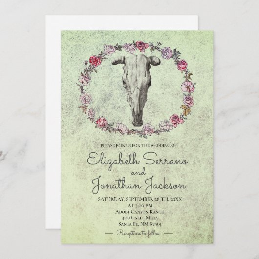 Rustikales Boho Südwest Kuh Skull & Rose Blumenstr Einladung (Vorne/Hinten)
