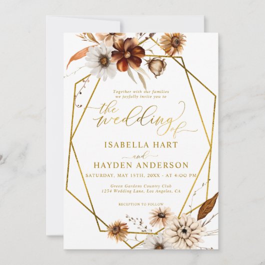 Rustikales Boho Terracotta Floral Gold Rahmen Wedd Einladung (Vorderseite)
