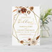 Rustikales Boho Terracotta Floral Gold Rahmen Wedd Einladung (Stehend Vorderseite)