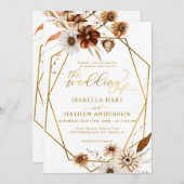 Rustikales Boho Terracotta Floral Gold Rahmen Wedd Einladung (Vorne/Hinten)
