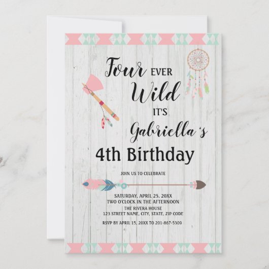Rustikales Boho Tribal Vier Ever Wild 4. Geburtsta Einladung (Vorderseite)
