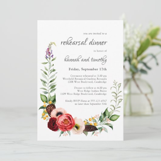 Rustikales Boho Wasserfarben Probe Abendessen Einladung (Stehend Vorderseite)