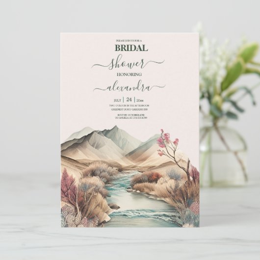 Rustikales Boho Wasserfarbengebirge Bridal Einladung (Stehend Vorderseite)