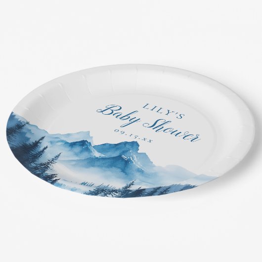 Rustikales Boho Wasserfarbengebirge Kinderdusche Pappteller (Schrägansicht)