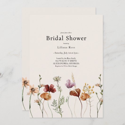 Rustikales Boho Wildblume Brautparty Einladung (Vorne/Hinten)