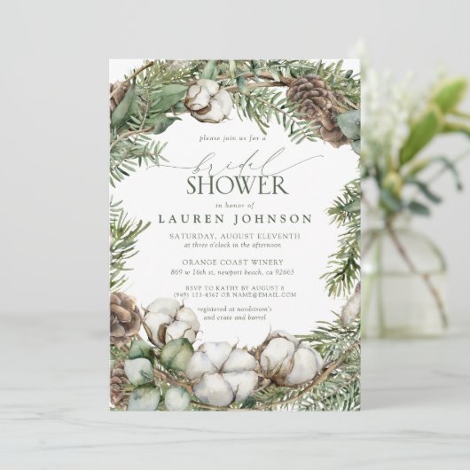 Rustikales Boho Winter Greenery Pinecone Brautpart Einladung (Stehend Vorderseite)