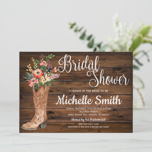 Rustikales Boot Country Bridal Western Brautparty Einladung (Stehend Vorderseite)