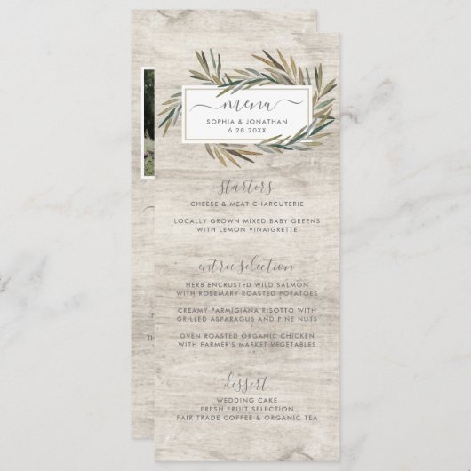 Rustikales Botanisches Hochzeitsmenü aus Holz Menükarte (Vorne/Hinten)