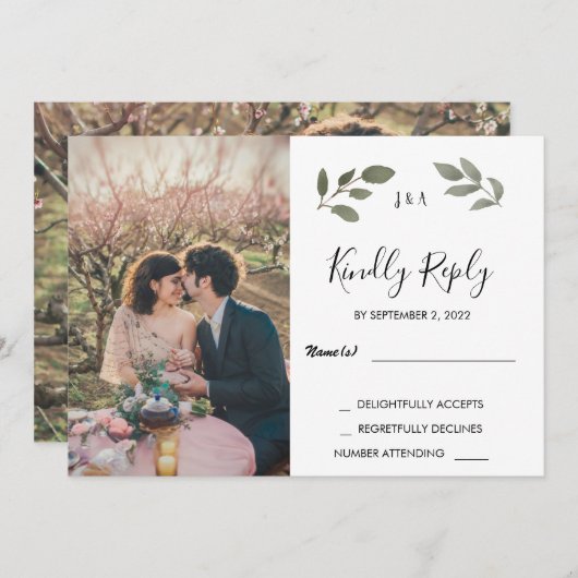 Rustikales botanisches mit Monogramm Foto Hochzeit Einladung (Vorne/Hinten)