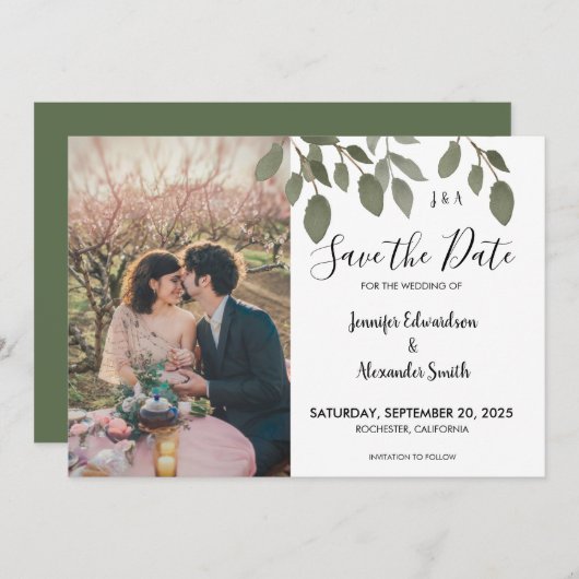 Rustikales botanisches Monogramm-Foto Save the Dat Einladung (Vorne/Hinten)