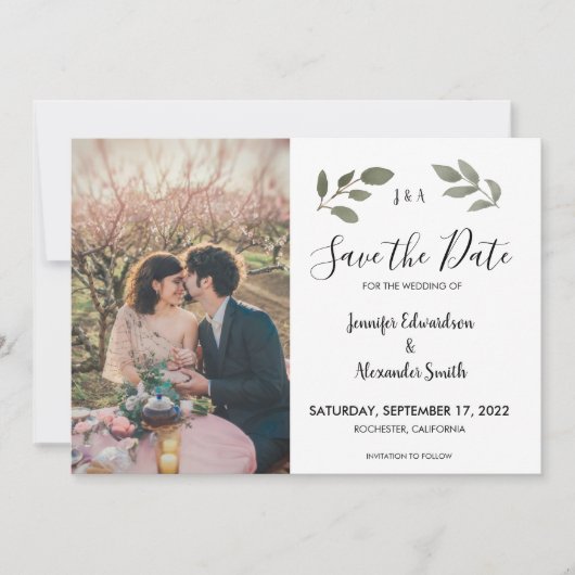 Rustikales botanisches Monogramm-Foto Save the Dat Einladung (Vorderseite)