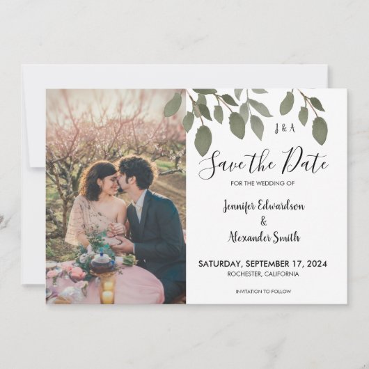 Rustikales botanisches Monogramm-Foto Save the Dat Einladung (Vorderseite)