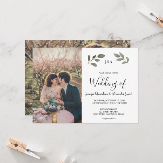 Rustikales botanisches monogrammiertes Hochzeitsfo Einladung (Vorderseite/Rückseite Beispiel)