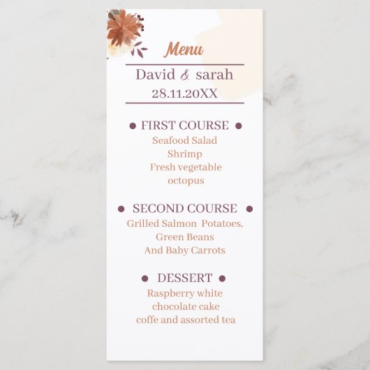 Rustikales Braun Hochzeitsessen Menükarte (Vorderseite)