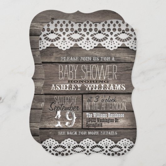Rustikales Braun-Holz & White-Lace-Baby-Dusche Einladung (Vorne/Hinten)
