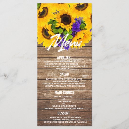 Rustikales Braun-Sonnenblumen-Menü Hochzeit Programm (Vorderseite)