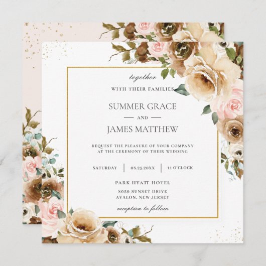 Rustikales Braunes Creme Blush Blumengrün Einladun Einladung (Vorne/Hinten)