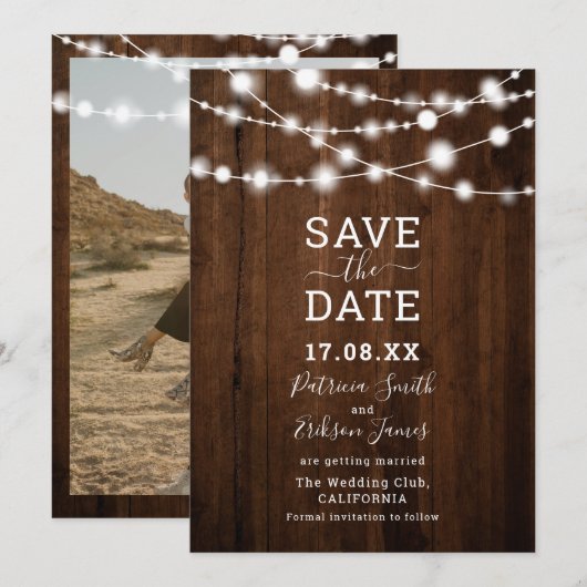 Rustikales braunes Foto mit Saitenholz Save the Da Date (Vorne/Hinten)