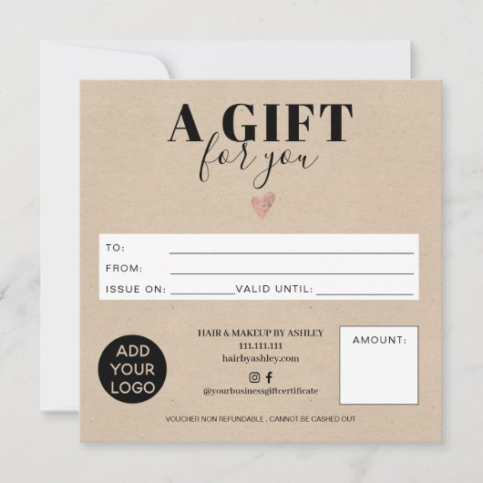 Rustikales braunes Kraftstoff-Geschenkzertifikat (Vorderseite)